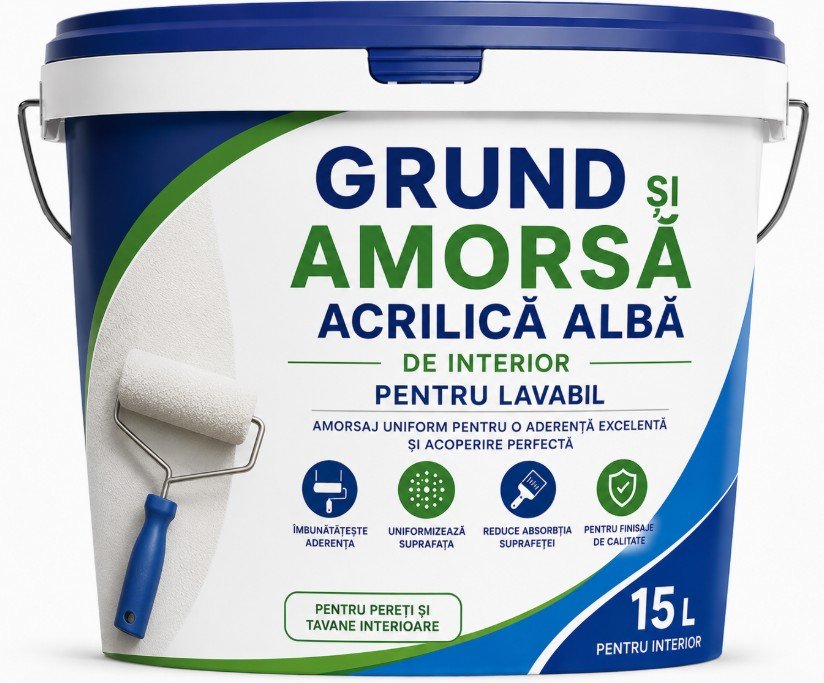 GRUND SI AMORSA ACRILICA ALBA DE INTERIOR PENTRU LAVABIL 15 L
