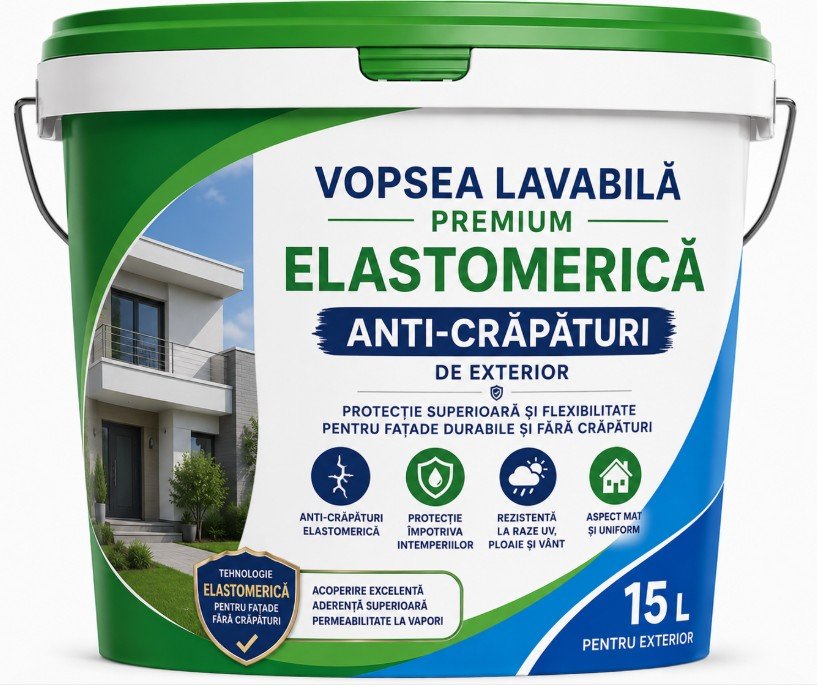 Vopsea Lavabila Premium Elastomerică Anti-Crăpături de exterior 15 L